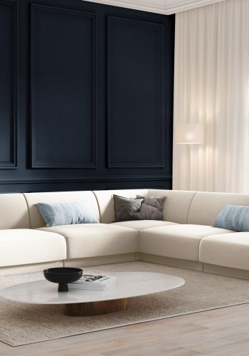 MICADONI Miley Symmetrical hjrnesofa, 5 sder - beige fljl og sort plast