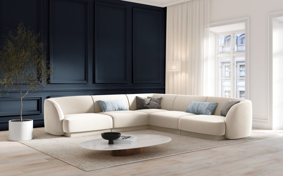 MICADONI Miley Symmetrical hjrnesofa, 5 sder - beige fljl og sort plast