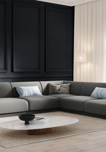 MICADONI Miley Symmetrical hjrnesofa, 5 sder - gr fljl og sort plast