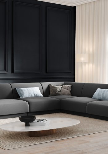 MICADONI Miley Symmetrical hjrnesofa, 5 sder - gr fljl og sort plast