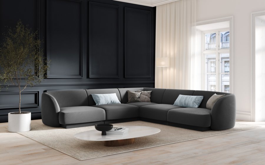 MICADONI Miley Symmetrical hjrnesofa, 5 sder - gr fljl og sort plast