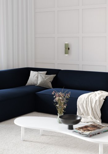 MICADONI Ruby hjrnesofa, venstre, 4 sder - bl fljl og sort plast