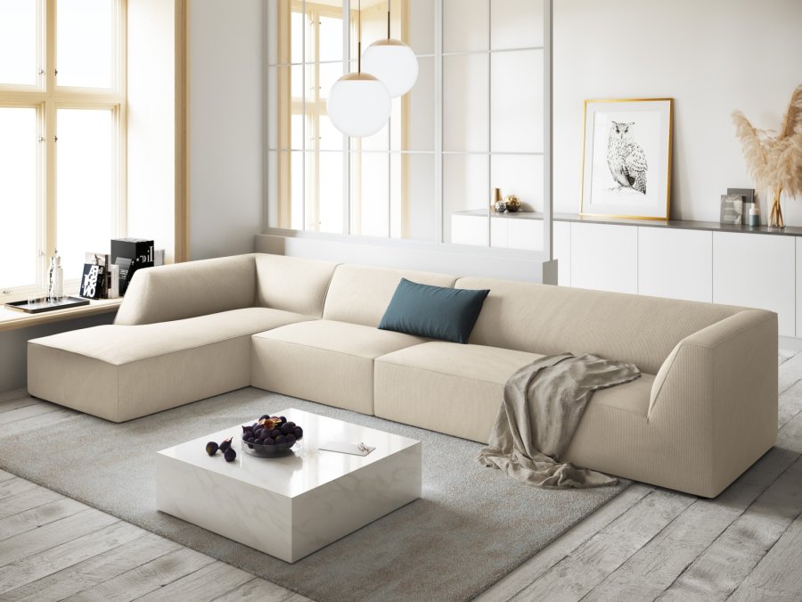 MICADONI Ruby Modul hjrnesofa, venstre, 5 sder - beige corduroy fljl og sort plast