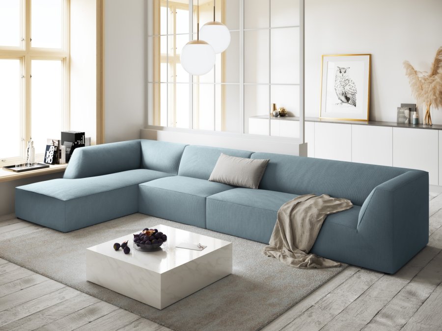 MICADONI Ruby Modul hjrnesofa, venstre, 5 sder - bl corduroy fljl og sort plast