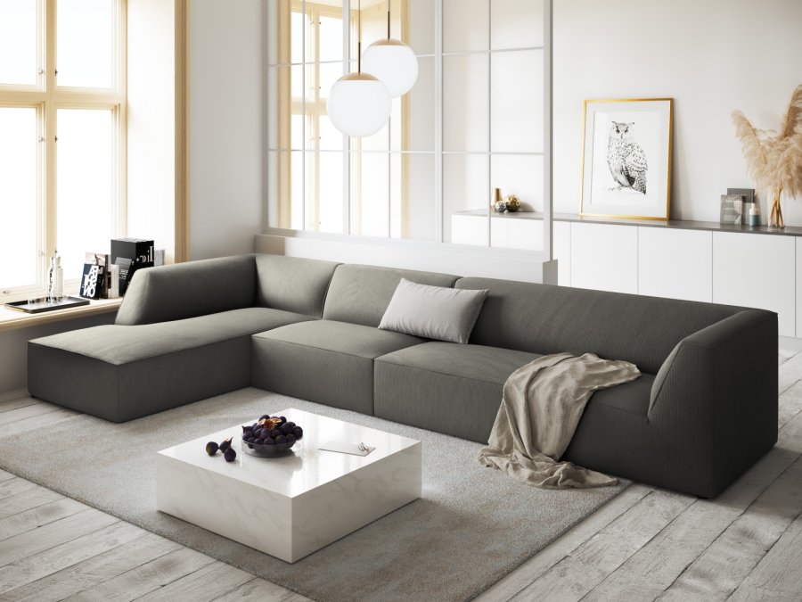MICADONI Ruby Modul hjrnesofa, venstre, 5 sder - gr corduroy fljl og sort plast