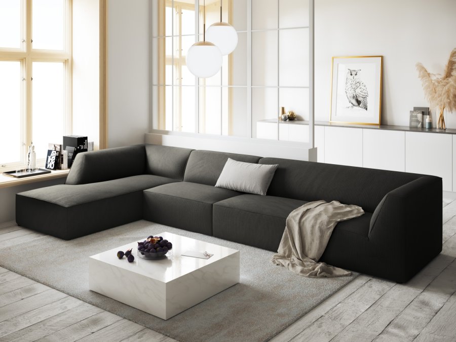 MICADONI Ruby Modul hjrnesofa, venstre, 5 sder - antracitgr corduroy fljl og sort plast