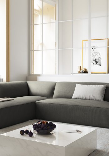 MICADONI Ruby Modul hjrnesofa, venstre, 4 sder - gr corduroy fljl og sort plast