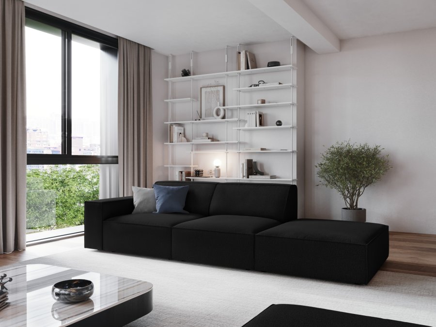 MICADONI Jodie sofa, hjre, 3 sder - sort stof og sort plast