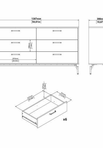 TVILUM Dana dobbeltkommode med 6 skuffer, mat sort, 138,7 x 39,8 x 76,6 cm