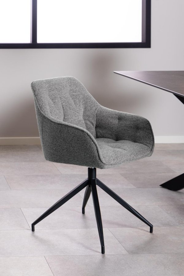 ACT NORDIC Brooke spisebordsstol, m. armln, drejefunktion, syninger - gr stof og sort stl