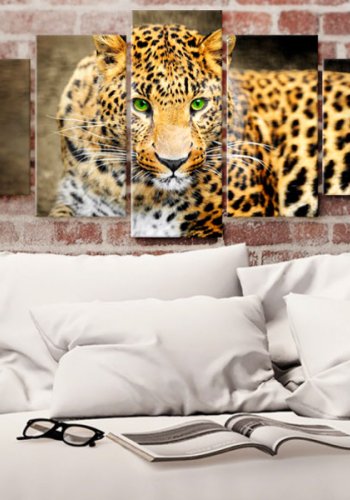 ARTGEIST billede trykt p lrred - Leopard med grnne jne, 5-delt - Flere strrelser