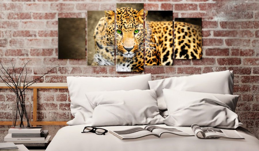 ARTGEIST billede trykt p lrred - Leopard med grnne jne, 5-delt - Flere strrelser