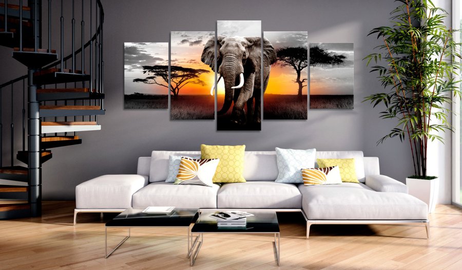 ARTGEIST billede trykt p lrred - Elephant at Sunset, 5-delt - Flere strrelser