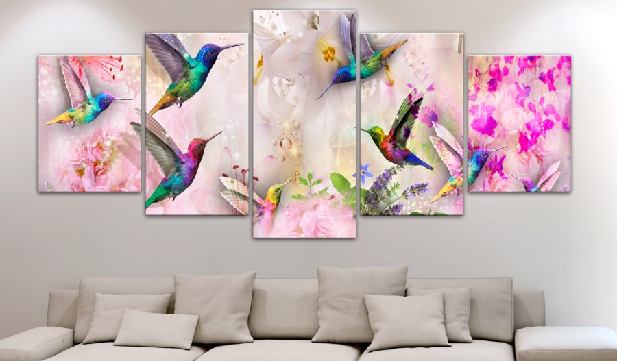 ARTGEIST billede trykt p lrred - Colourful Hummingbirds Pink, 5-delt - Flere strrelser