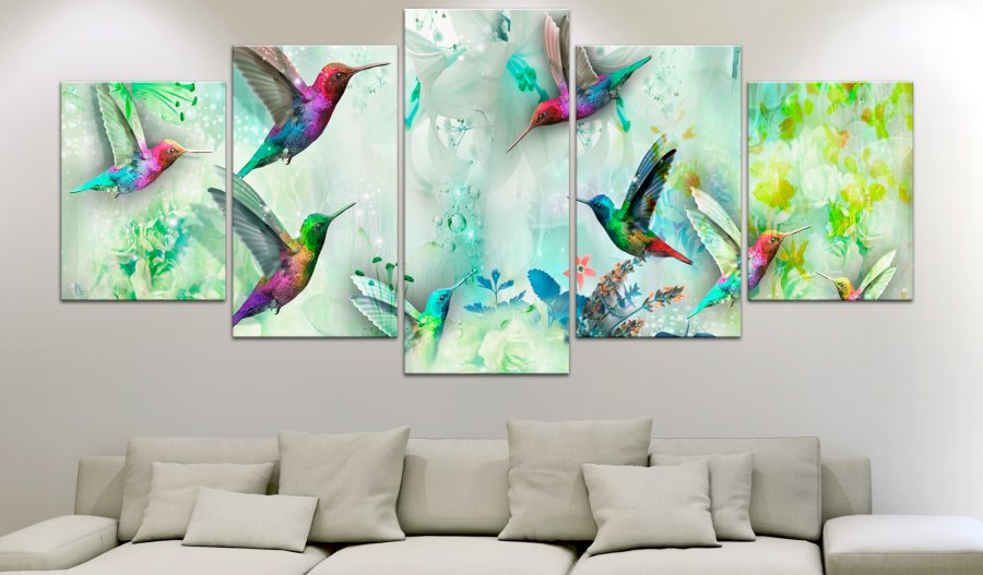 ARTGEIST billede trykt p lrred - Colourful Hummingbirds grn, 5-delt - Flere strrelser