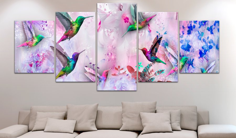 ARTGEIST billede trykt p lrred - Colourful Hummingbirds Violet, 5-delt - Flere strrelser