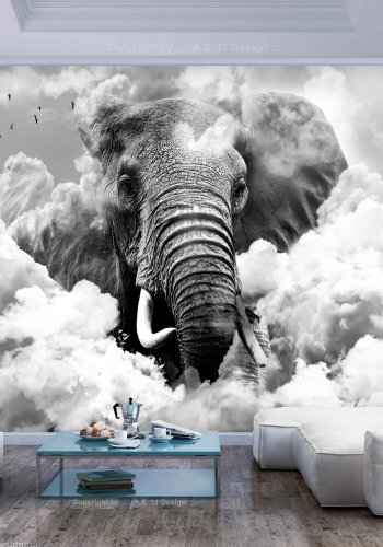 ARTGEIST Fototapet - Elephant in the Clouds (Black and White), elefant i skyerne (flere strrelser)