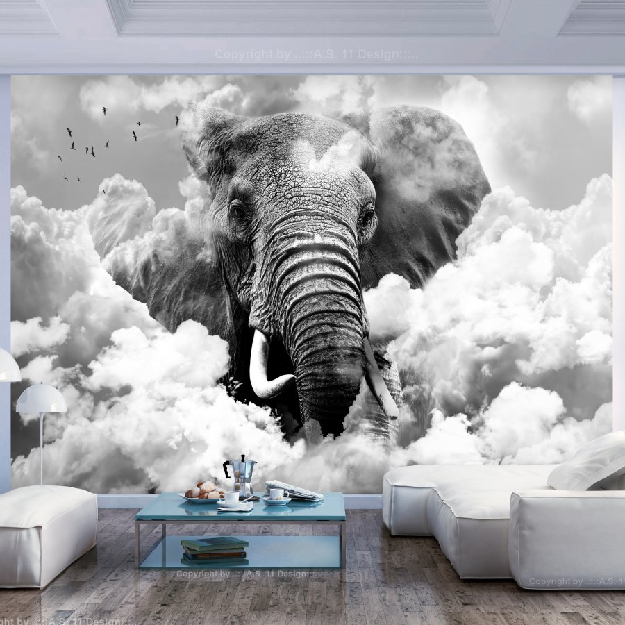 ARTGEIST Fototapet - Elephant in the Clouds (Black and White), elefant i skyerne (flere strrelser)