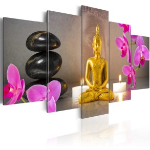 ARTGEIST billede trykt p lrred - Golden Buddha and orchids, 5-delt - Flere strrelser