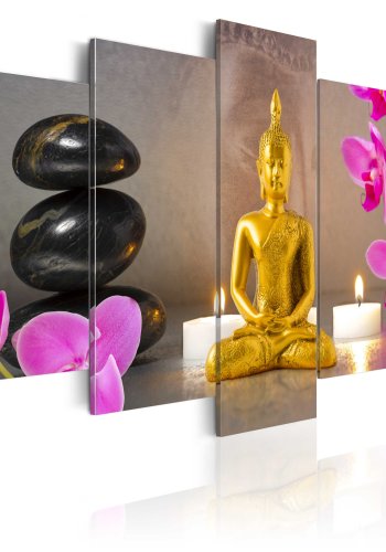 ARTGEIST billede trykt p lrred - Golden Buddha and orchids, 5-delt - Flere strrelser