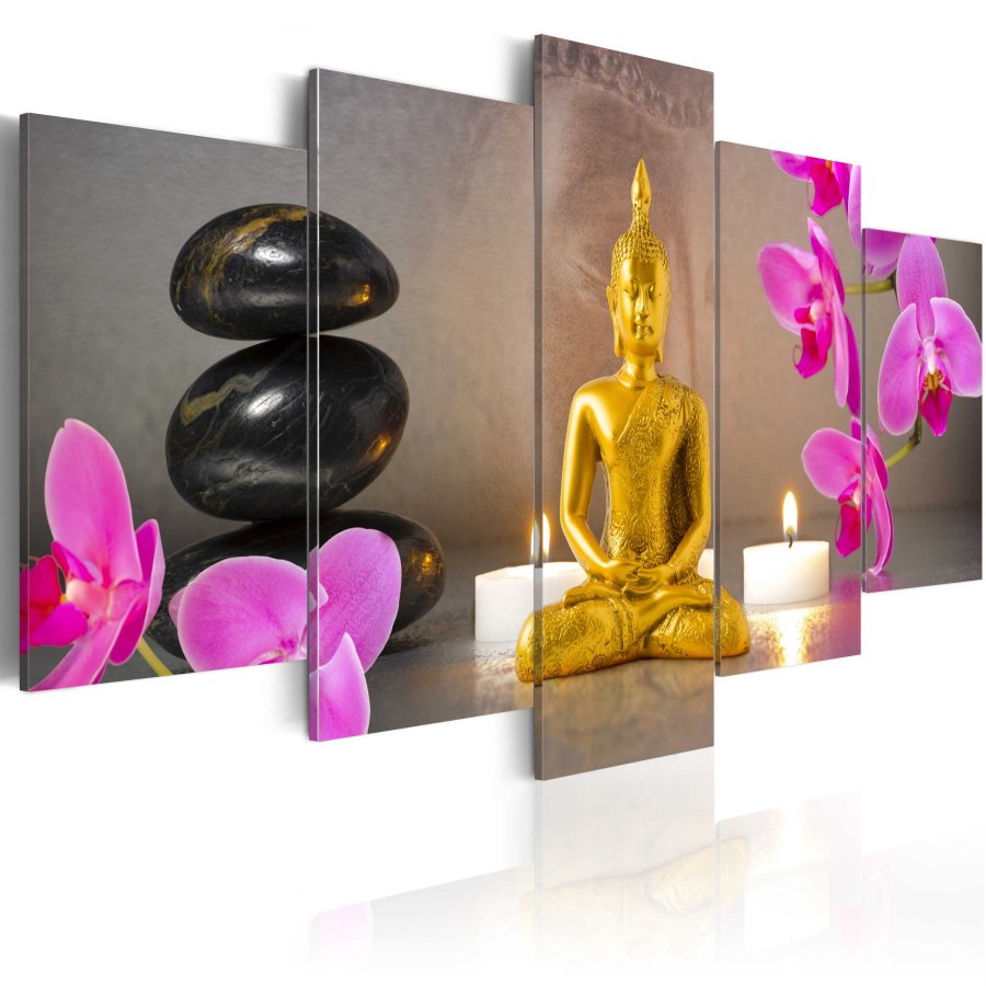 ARTGEIST billede trykt p lrred - Golden Buddha and orchids, 5-delt - Flere strrelser