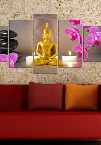 ARTGEIST billede trykt p lrred - Golden Buddha and orchids, 5-delt - Flere strrelser