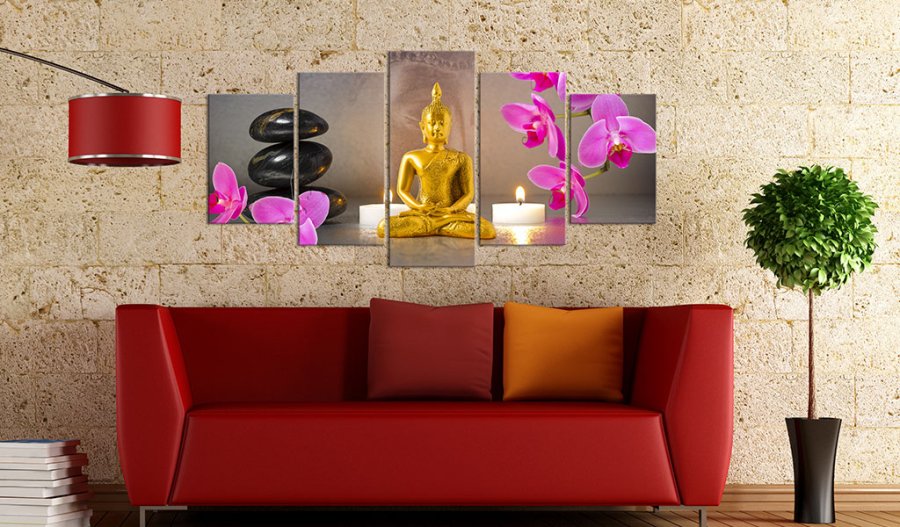 ARTGEIST billede trykt p lrred - Golden Buddha and orchids, 5-delt - Flere strrelser