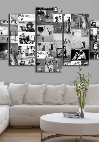 ARTGEIST billede trykt p lrred - Banksy: Graffiti Collage IV, 5-delt - Flere strrelser