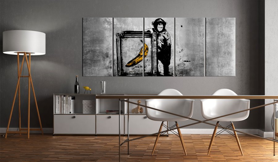ARTGEIST billede trykt p lrred - Banksy: Monkey with Frame, 5-delt - Flere strrelser
