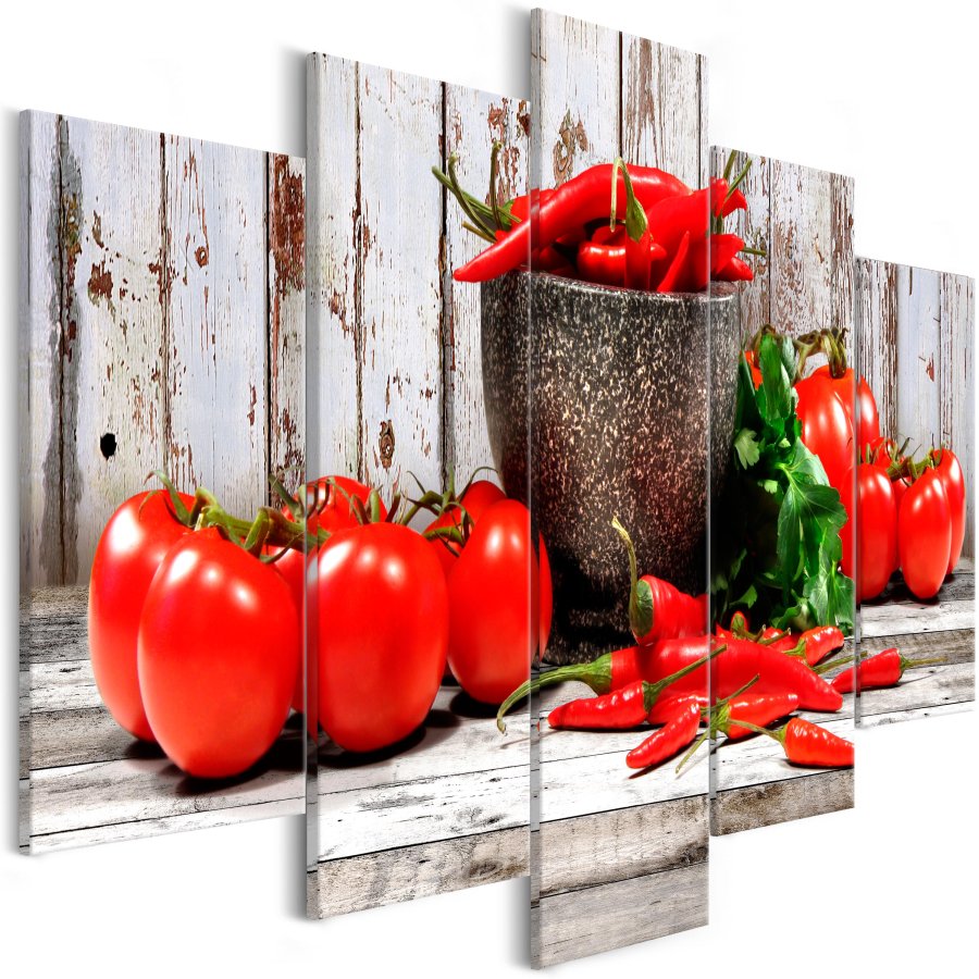ARTGEIST billede trykt p lrred - Red Vegetables on Wood, 5-delt - Flere strrelser