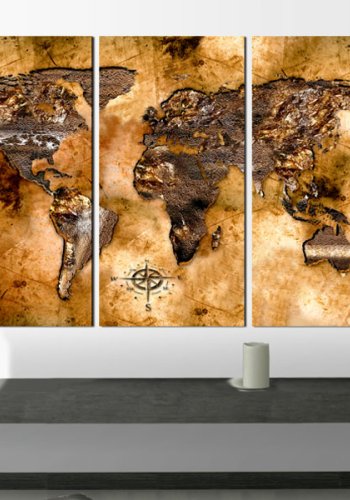 ARTGEIST - Verdenskort i metalliske nuancer trykt p lrred, 3-delt - Flere strrelser