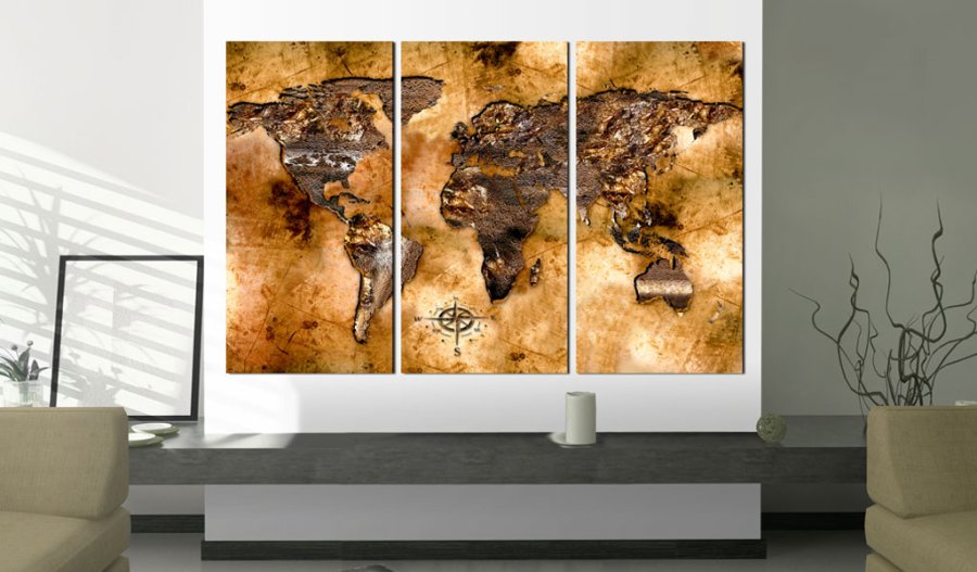 ARTGEIST - Verdenskort i metalliske nuancer trykt p lrred, 3-delt - Flere strrelser