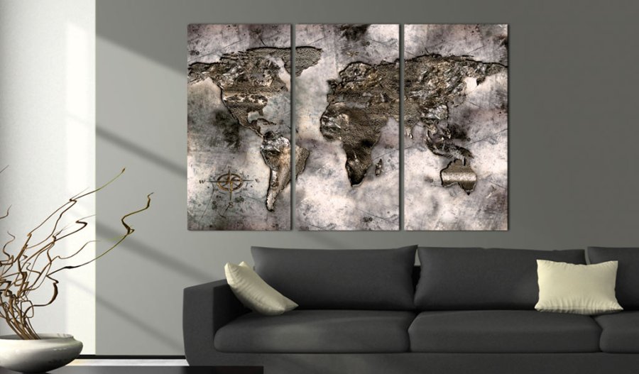 ARTGEIST - Verdenskort i metalliske nuancer trykt p lrred, 3-delt - Flere strrelser