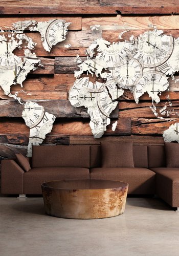 ARTGEIST Fototapet - Map On Wood, verdenskort lavet af vintage ure (flere strrelser)