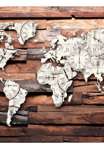 ARTGEIST Fototapet - Map On Wood, verdenskort lavet af vintage ure (flere strrelser)