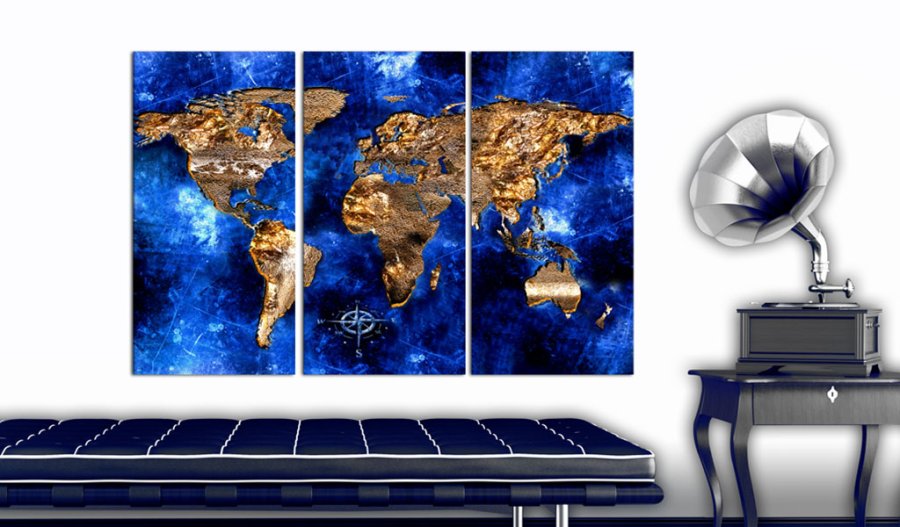 ARTGEIST Golden Continents - Verdenskort i guld og bl nuancer trykt p kork - Flere strrelser