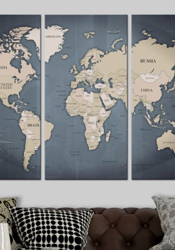 ARTGEIST Anthracitic World - Klassisk verdenskort trykt p lrred, 3-delt - Flere strrelser