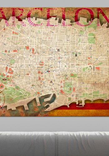 ARTGEIST Map of Barcelona - Kort over Barcelona i kork - Rde og gule farver - Flere strrelser