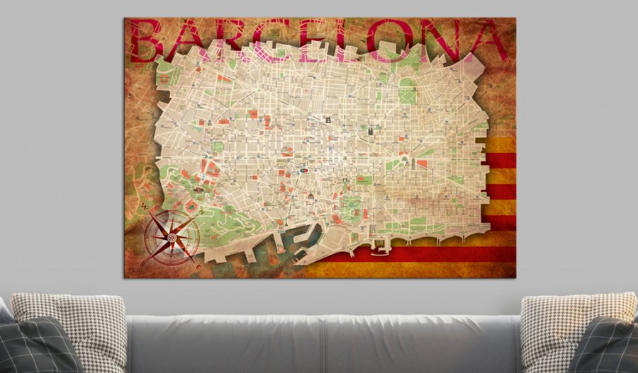 ARTGEIST Map of Barcelona - Kort over Barcelona i kork - Rde og gule farver - Flere strrelser
