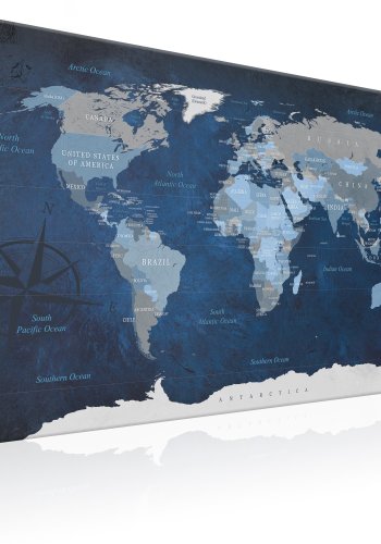 ARTGEIST Dark Blue World - Bl verdenskort med kompas trykt p lrred - Flere strrelser