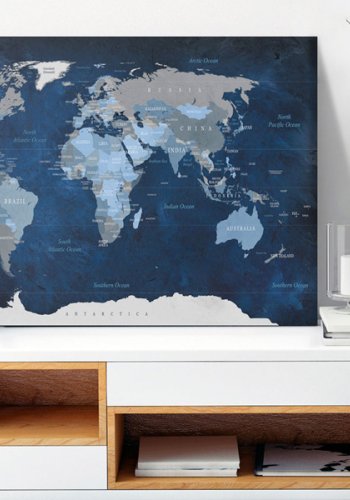 ARTGEIST Dark Blue World - Bl verdenskort med kompas trykt p lrred - Flere strrelser