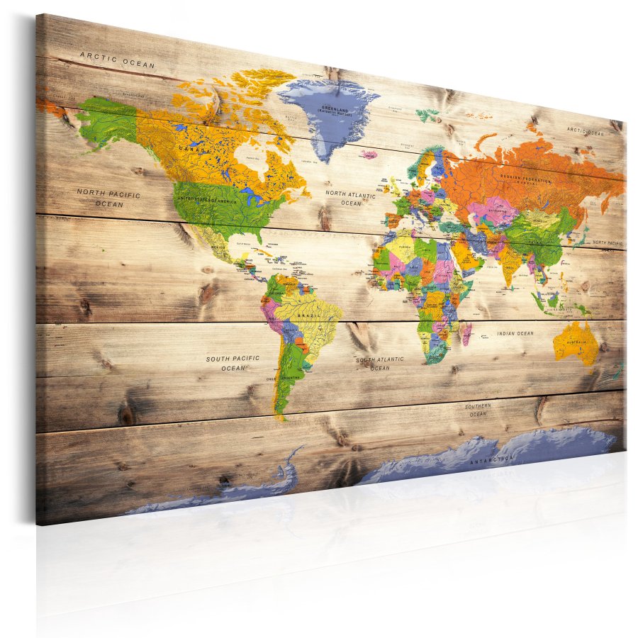 ARTGEIST Map on wood: Colourful Travels - Farverigt klassisk kort trykt p lrred - Flere strrelser
