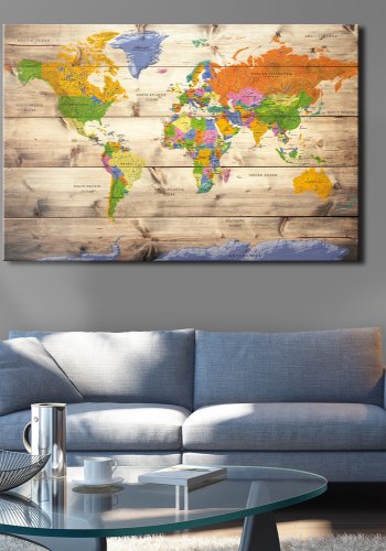 ARTGEIST Map on wood: Colourful Travels - Farverigt klassisk kort trykt p lrred - Flere strrelser