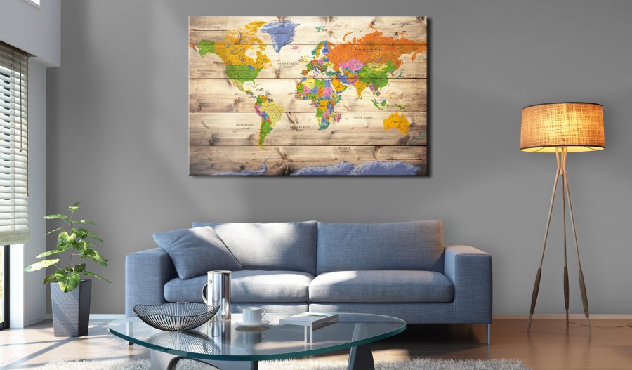 ARTGEIST Map on wood: Colourful Travels - Farverigt klassisk kort trykt p lrred - Flere strrelser