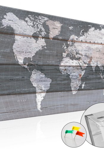 ARTGEIST Grey Earth - Klassisk verdenskort med linjer p tr trykt p kork - Flere strrelser