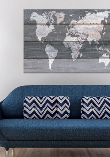 ARTGEIST Grey Earth - Klassisk verdenskort med linjer p tr trykt p kork - Flere strrelser