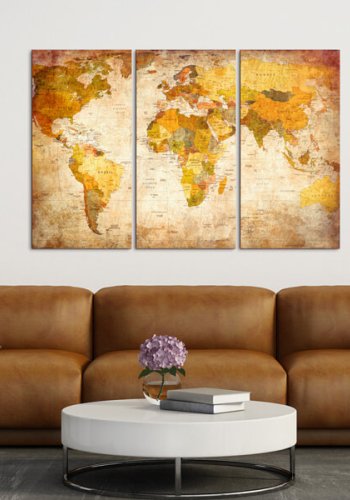 ARTGEIST Antique Travel verdenskort billede - lysebrun og gr/sort print p kork, 3-delt (40x60)