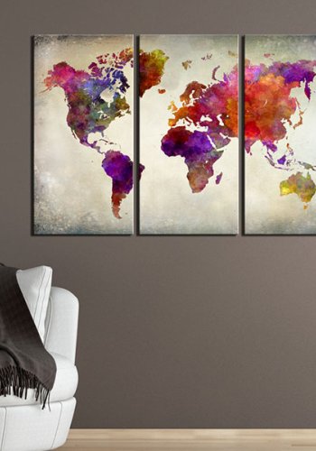 ARTGEIST - Farverigt verdenskort i mange nuancer trykt p lrred, 3-delt - Flere strrelser