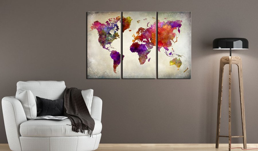ARTGEIST - Farverigt verdenskort i mange nuancer trykt p lrred, 3-delt - Flere strrelser
