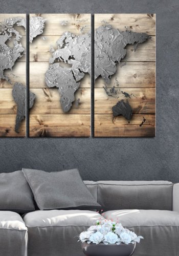 ARTGEIST - Verdenskort i metal look p brdder trykt p kork, 3-delt - Flere strrelser